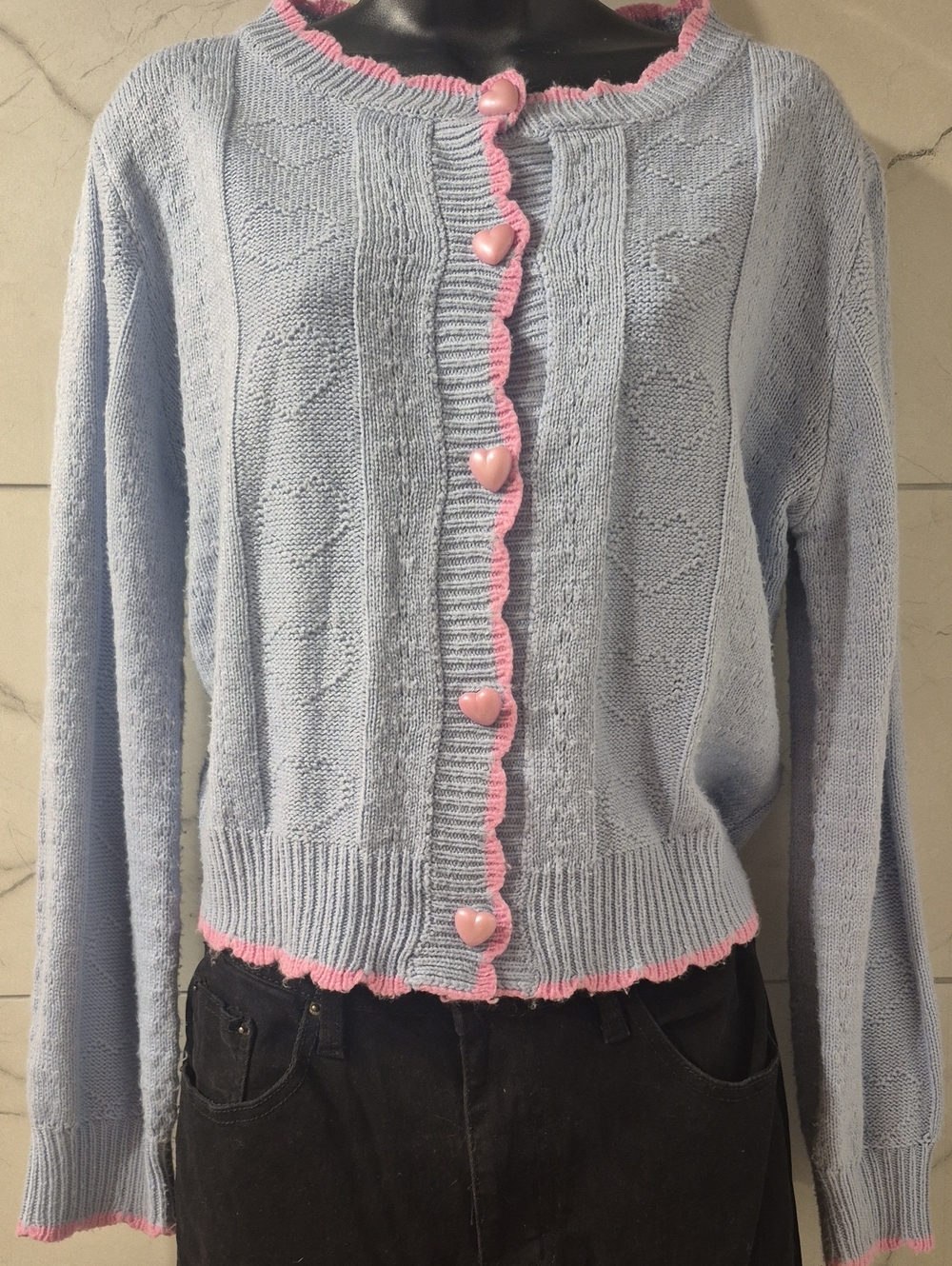 Vintage Light Blue Knit Cardigan with Pink Trim